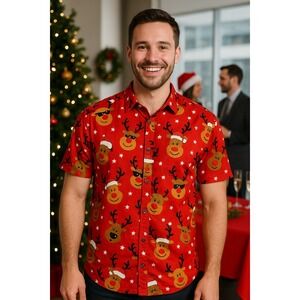 Denim & Flower Reindeer Christmas Shirt Men's XL Red Holiday Novelty Button Down